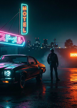 Cyberpunk Car Drive and Motel at Night