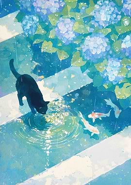 Black cat drinking water in the rain