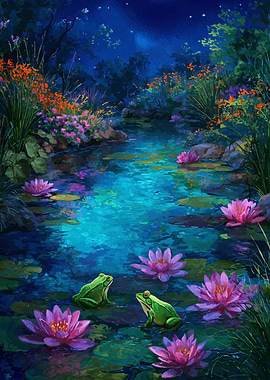 Frogs and Lilies in a Pond