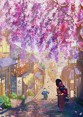 Cherry Blossom Street Scene in Japan