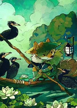 Fox on a Boat with Birds