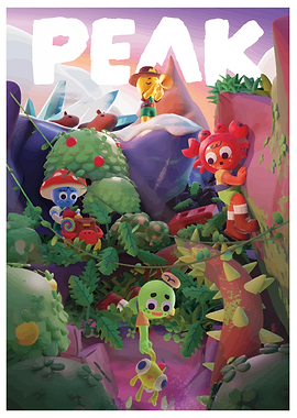 Colorful Cartoon Characters Climbing a Mountain