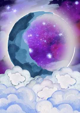 Watercolor Moon and Clouds with Galaxy