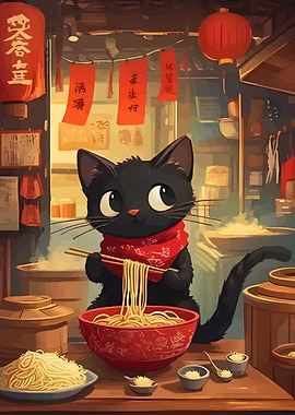 Cat eating noodles in Asian restaurant