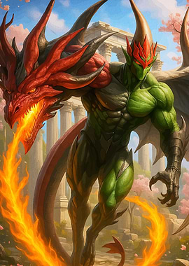Dragon and Green-Skinned Warrior
