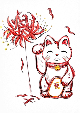 Maneki Neko with Red Spider Lily
