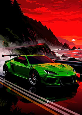 Green Sports Car on Coastal Road