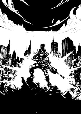 Futuristic Soldier in Ruined Cityscape