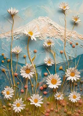 Daisy Field with Mountain Backdrop