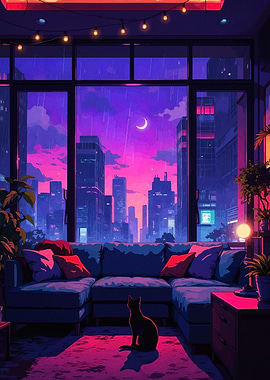 Rainy Night City View with Cat