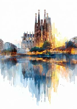 Sagrada Familia Watercolor Reflection