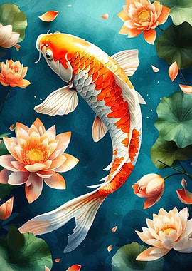 Koi Fish and Lotus Flowers