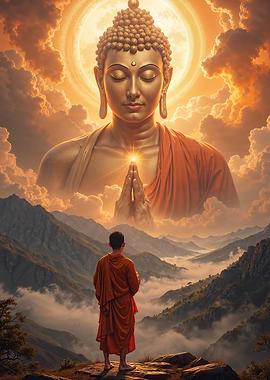 Buddha and Monk in Mountain Landscape