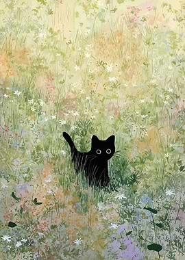 Black cat in a flower field