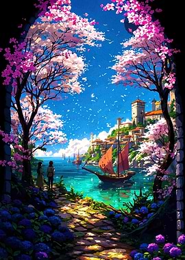 Coastal Town with Cherry Blossoms