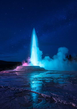 Geyser Eruption Under Starry Night Sky