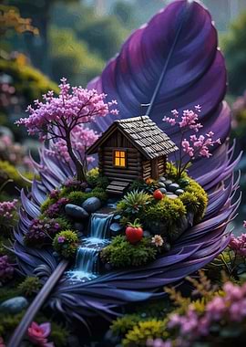 Miniature House on Feather with Waterfall