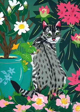 Cat in a Floral Garden Painting
