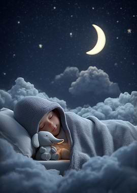 Child Sleeping Under Moon with Toy
