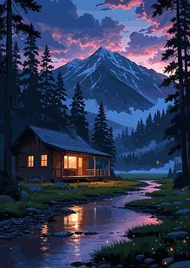 Cabin by the river at dusk