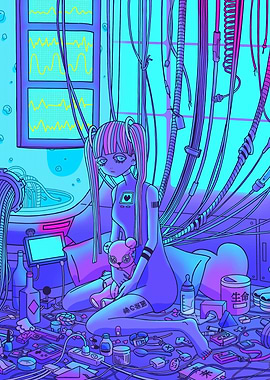 Cyberpunk Girl with Teddy Bear