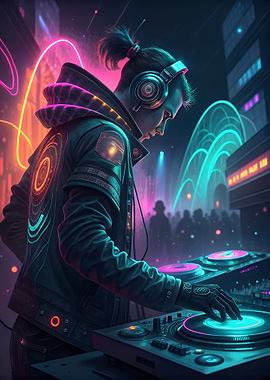 Cyberpunk DJ in Neon Cityscape