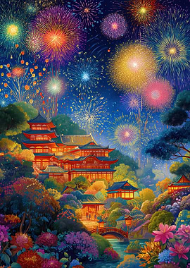 Japanese Temple Fireworks Celebration