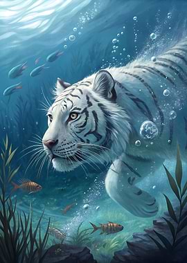 Underwater White Tiger with Fish