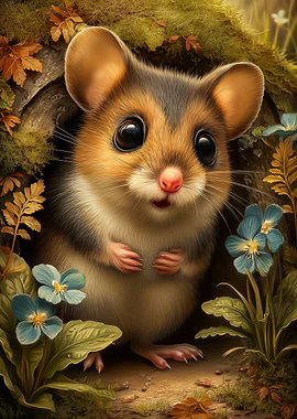 Cute Mouse in Burrow with Flowers