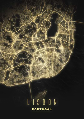 Lisbon, Portugal - Illuminated City Map Poster, Modern Urban Nightscape