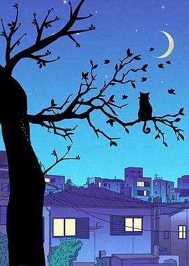 Cat Silhouette on Tree Branch at Night