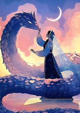 Dragon and Woman Under Crescent Moon