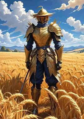 Golden armored warrior wheat field