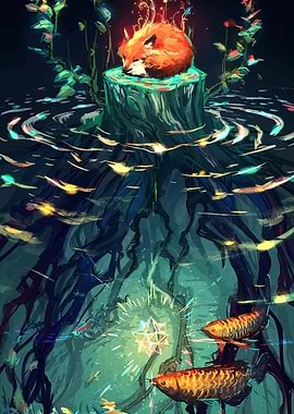 Sleeping Fox on Tree Stump Illustration