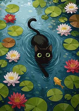 Black cat in a lily pond