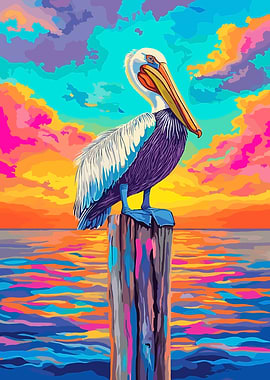 Colorful Pelican on Post at Sunset