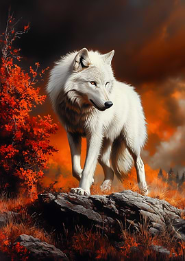White Wolf in Autumn Landscape