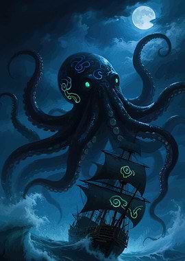 Kraken attacking ship moonlight