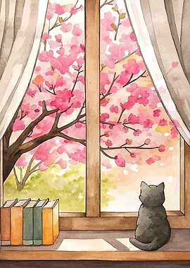 Cat Looking at Cherry Blossoms
