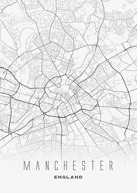 Manchester, England - Modern City Map Poster, Minimalist Urban Street Print