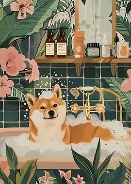 Shiba Inu in a Floral Bathtub