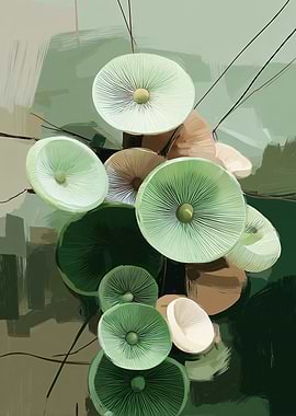 Abstract Mushroom Art in Green Tones