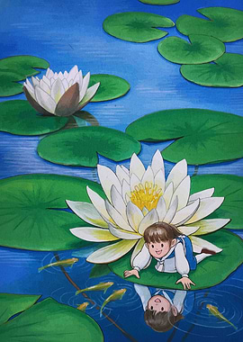 Girl on Lily Pad in Pond
