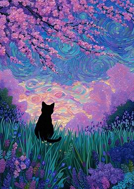 Black Cat in Floral Landscape Painting
