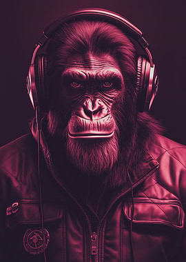Chimpanzee with Headphones and Leather Jacket