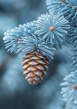 Blue Spruce Branch with Pine Cone | Nature Macro Art