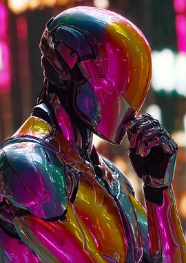 Rainbow Metallic Robot: Reflective Cyberpunk Style