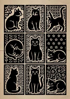 Black Cats Pattern Linocut Art