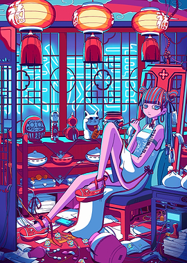 Asian-Inspired Girl with Lanterns and Neon