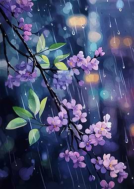 Rainy Night Cherry Blossom Branch